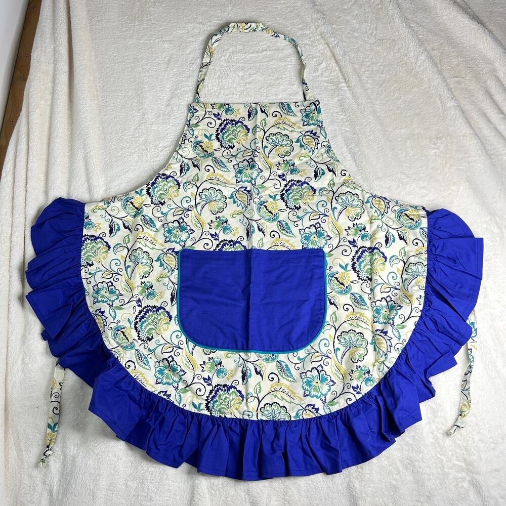 Handmade Apron Blue Floral Tapestry with Pockets & Blue Frill